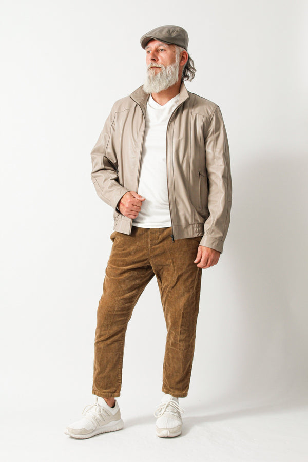 Leichter Herren Lederblouson Bundjacke Lammnappa in ivory mit Stehkragen
