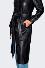 lange Damen Ledermäntel schwarz mit Gürtel Lammnappa Trenchcoat 
