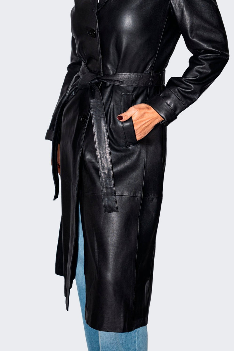 lange Damen Ledermäntel schwarz mit Gürtel Lammnappa Trenchcoat 