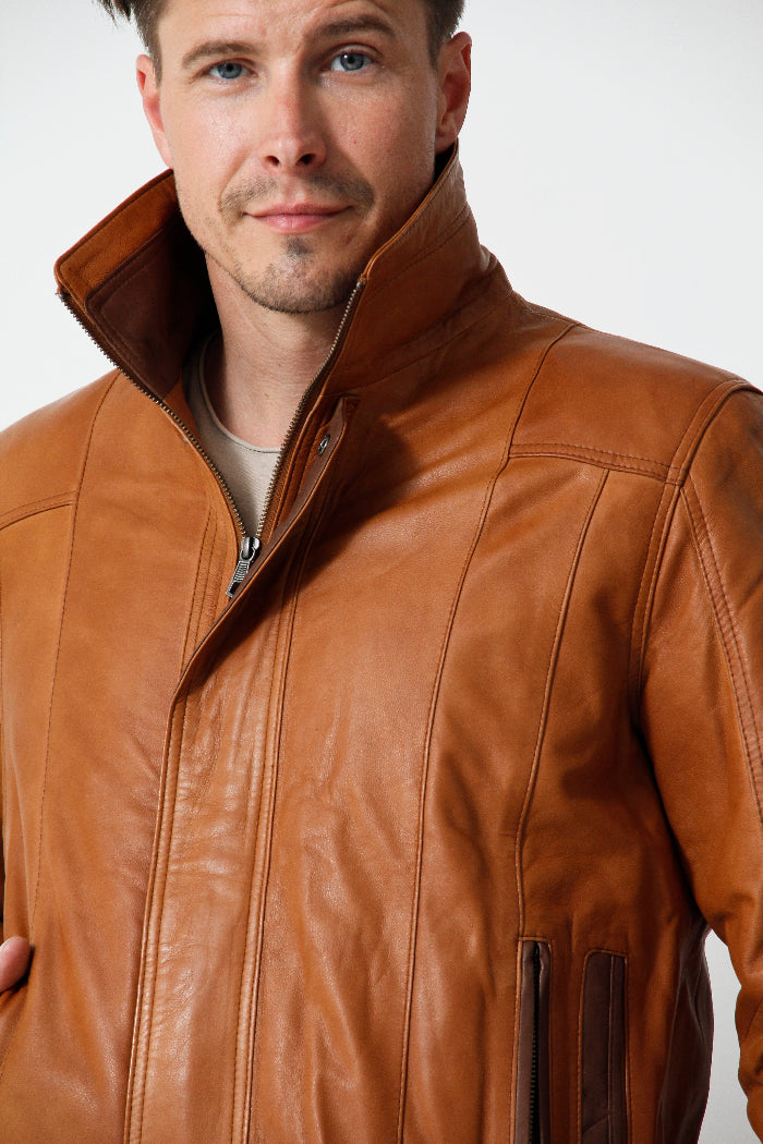 kurze echte Herren Lederjacke braun Krage Reißverschluss Taschen