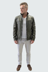 kurze antike olive echte Biker Herren Lederjacke sportlich viele Taschen, Seiten Riegel, Stehkragen