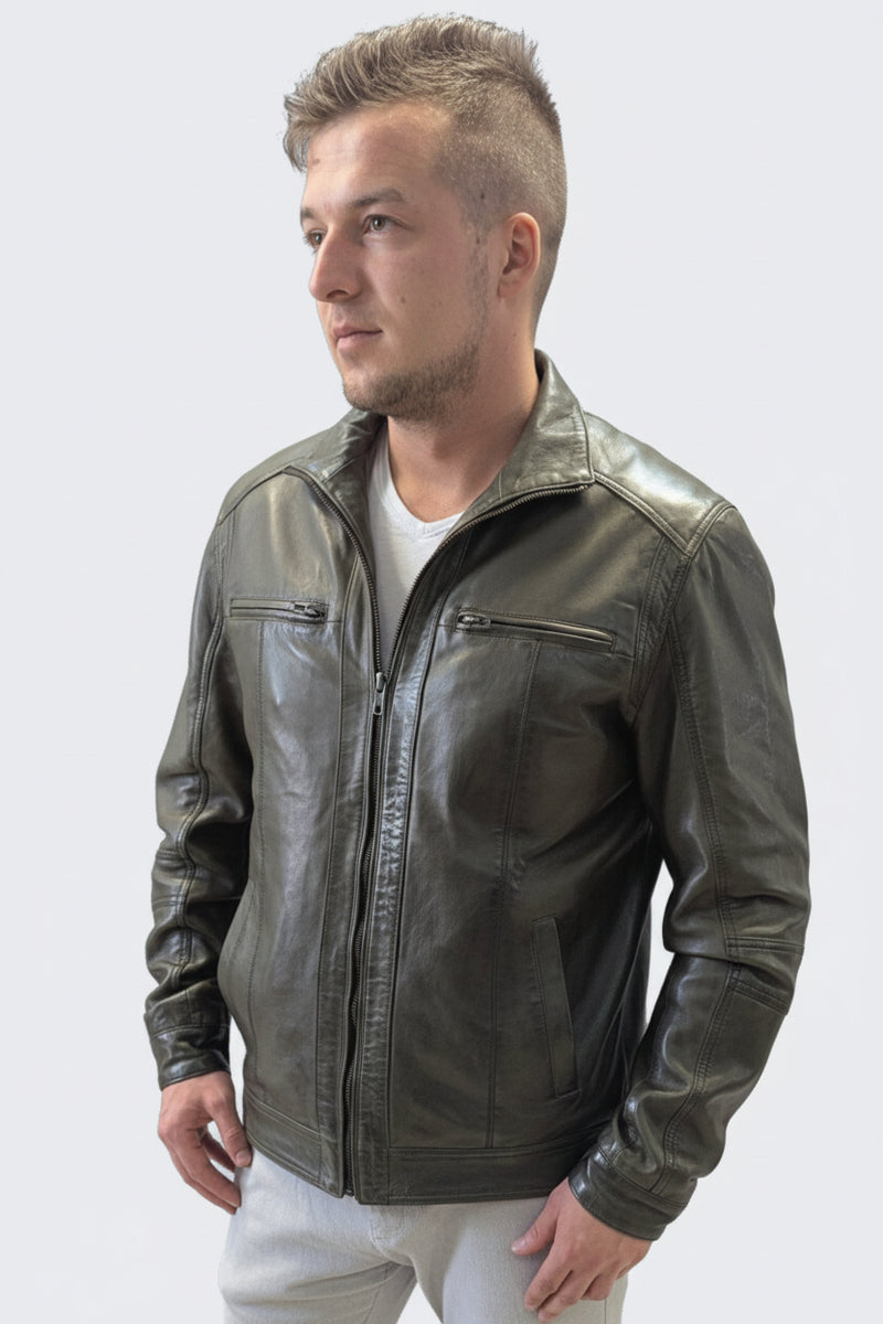 Kurze Lederjacke in Vintage Oliv