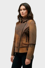 braune antike Damen Lammfelljacke, Motorrad style