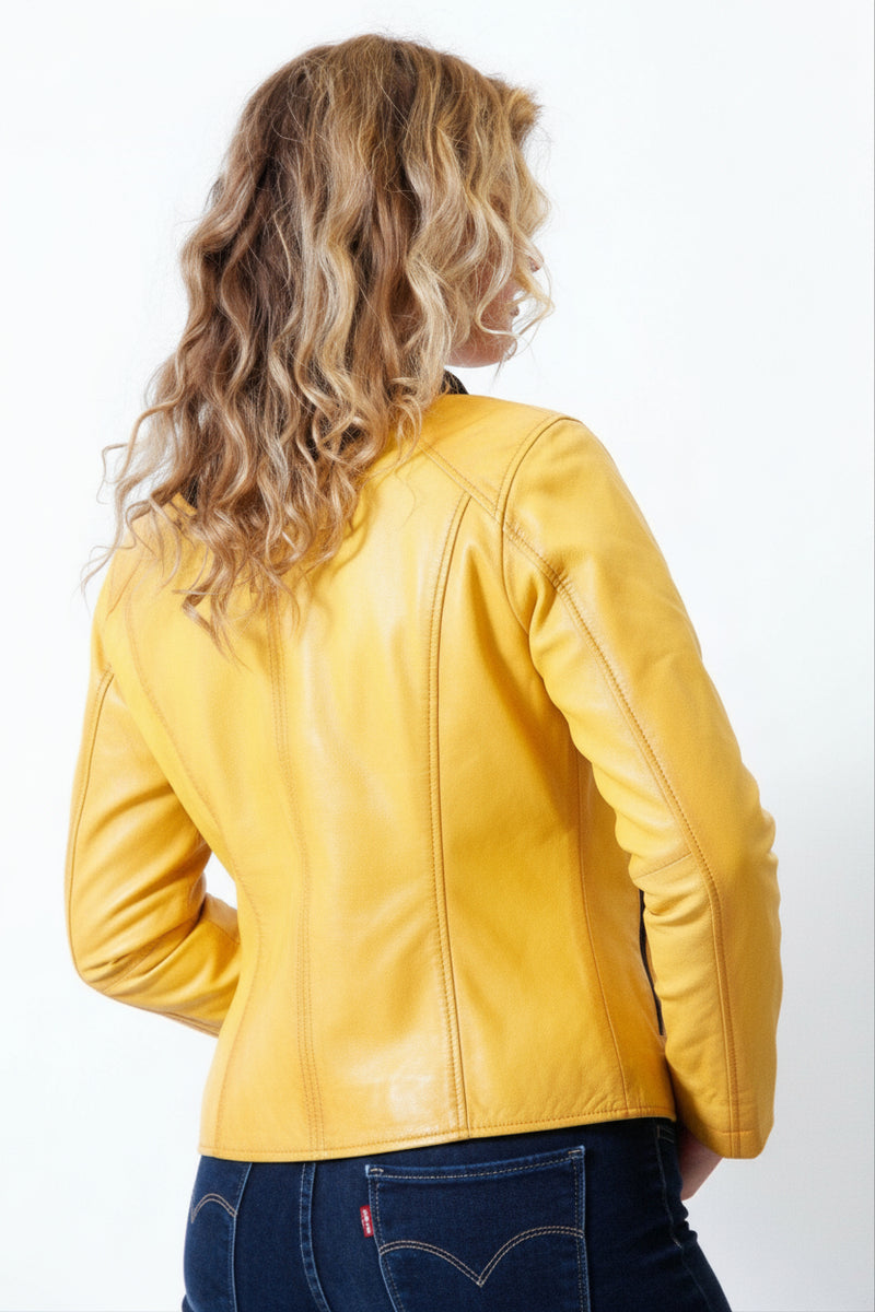 Kurze Damen Lederjacke antik Gelb aus Lammnappa mit Kapuze