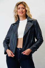 Kurze blaue echte Damen Bikerstyle Lederjacke aus weichen Lammnappa vintage Look