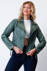Kurze grüne Damen Bikerstyle Lederjacke aus weichen Lammnappa vintage Look