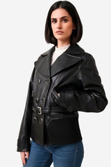 kurze echte Damen Lederjacke Lammnappa mit Strick, Doppelreiher, Gürtel
