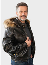 kurze Herren Lederjacke Lammnappa mit abnehmbarer Kapuze und Fellrand