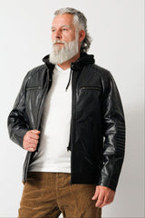Herren Biker Lederjacke aus Kalsnappa robust  in schwarz und hoodie