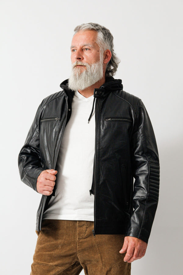 Herren Biker Lederjacke aus Kalsnappa robust  in schwarz und hoodie