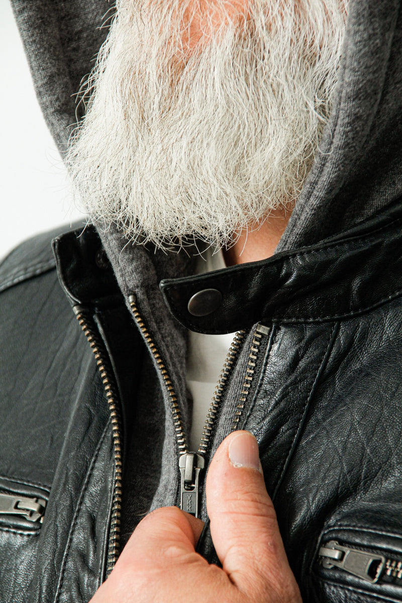 Herren Bikerstyle Lederjacke aus Neuseelandlammnappa in schwarz mit Kapuzenhoody abnehmbar