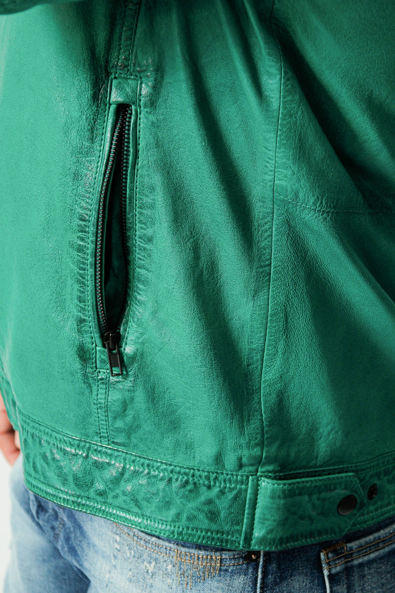 Kurze grüne Herren Bikerstyle Lederjacke in Lammnappa mit Stehkragen