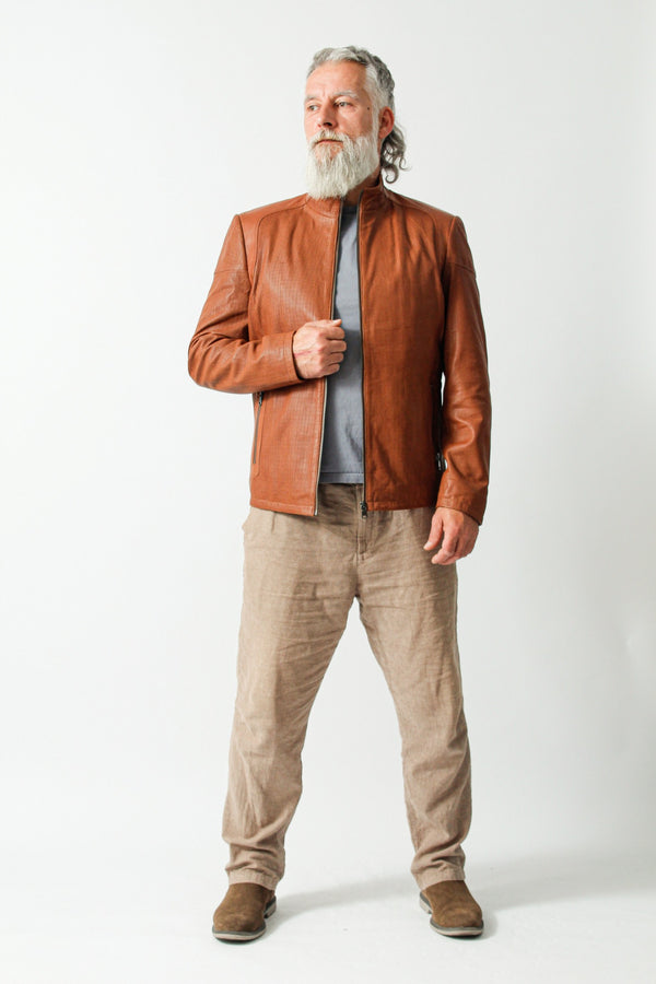 leichte ungefütterte Herren Lederjacke aus Lammnappa perforiert in cognac mais
