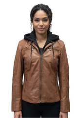 kurze echte Damen Lederjacke cognack Stoff Kapuze abnehmbar