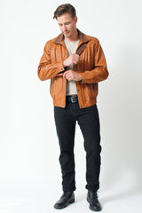 Herren Leder Blouson Jacke kurz cognac echtes Lammnappa