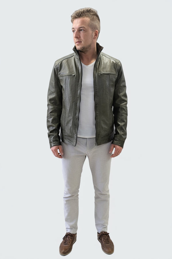 Kurze Lederjacke in Vintage Oliv