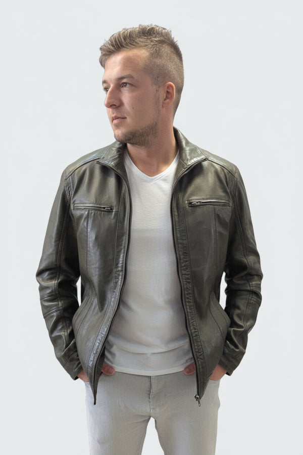 Kurze Lederjacke in Vintage Oliv