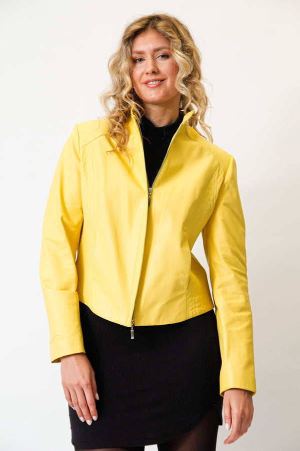 Kurze Damen Lederjacke in Lammnappa gelb mit Stehkragen und Reißverschluss