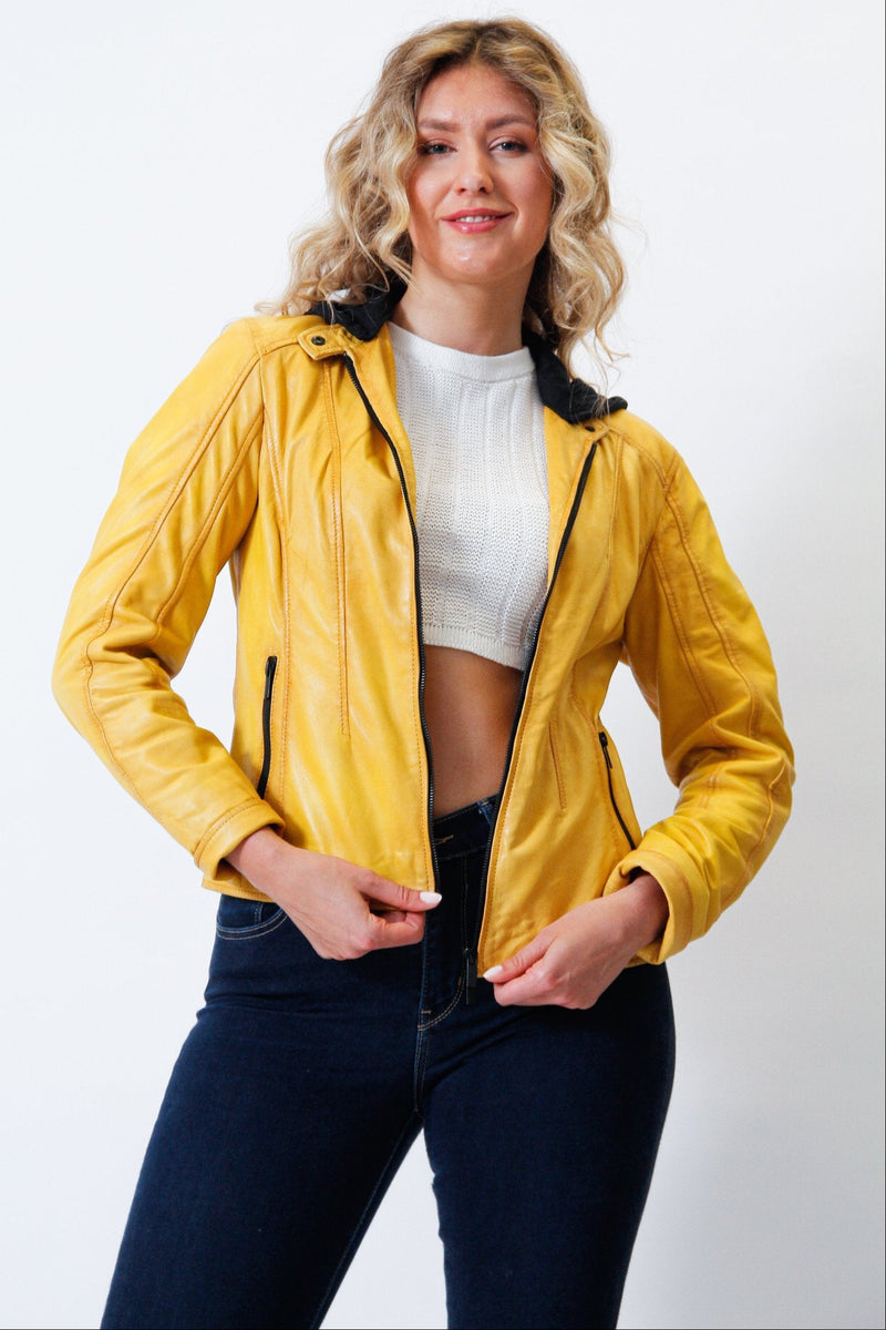Kurze Damen Bikerstyle Lederjacke aus Lammnappa in Gelb vintage look