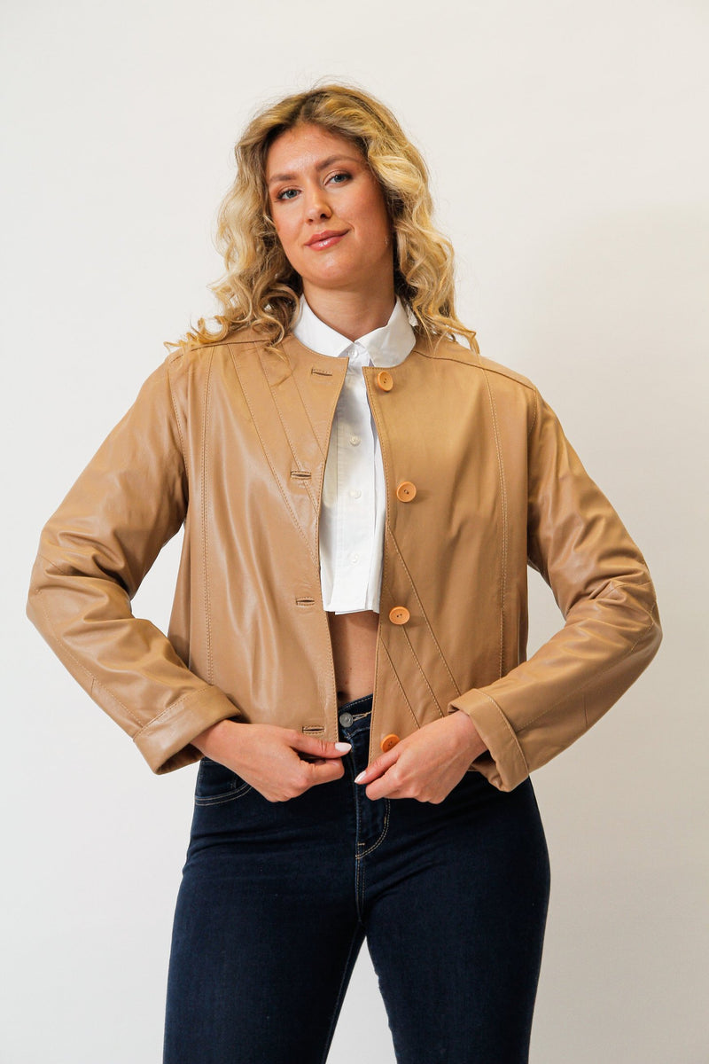 Kurzer Sommer Damen Lederbolero aus Lammnappa kragenlos in Honig