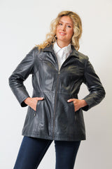 Längere Damen Lederjacke-Lammnappa in washed blue wattiert mit Reißverschluss