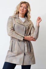 Beige längere sportliche Damen Gürteljacke aus Lammnappa und asymmetrischen Reißverschluss