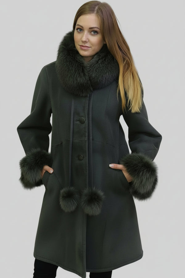 leichter lange Damen Lammfelljacke tannengrün