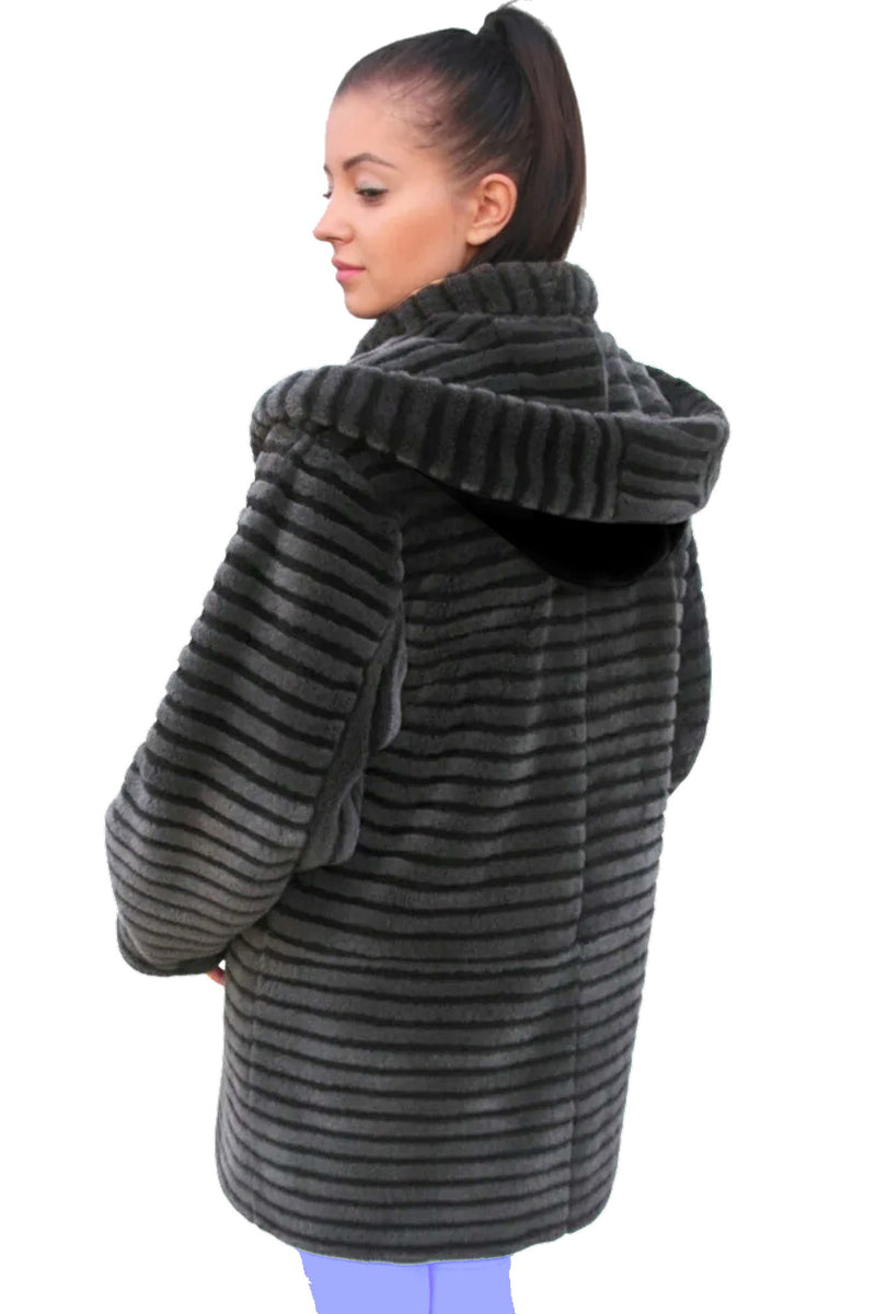 lange Damen Lammfelljacke zum wenden mit Kapuze