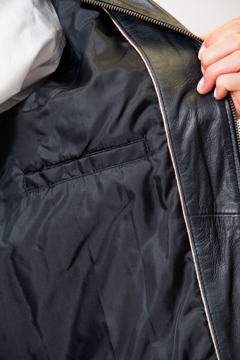 Längere Damen Lederjacke-Lammnappa in washed blue wattiert mit Reißverschluss