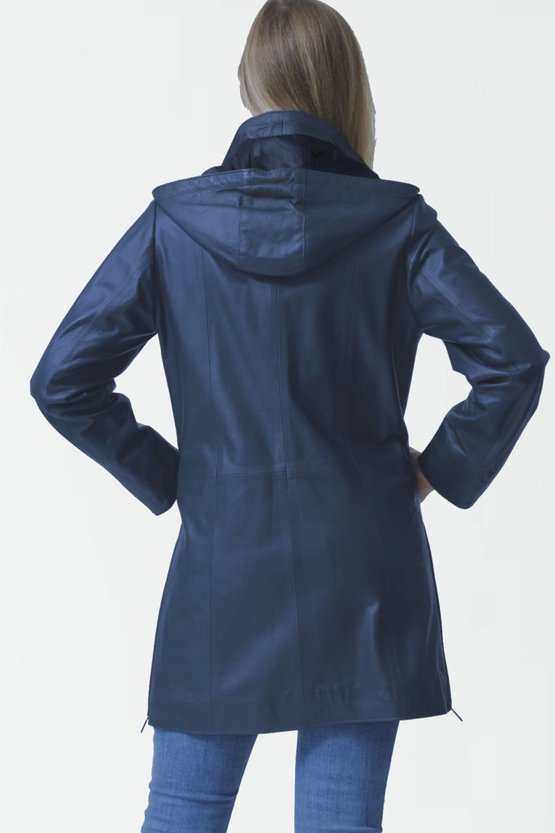 Damenkurzmantel mit Kapuze matt d.blau/schwarz