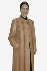 langer Damen Ledermantel mit Stehkragen und Ziernähten