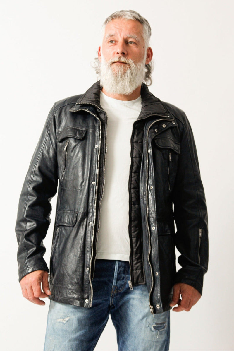 Sehr sportlicher Herrenparka Lammnappa vintage Look Blau mit einsetzbaren Doppelkragen 