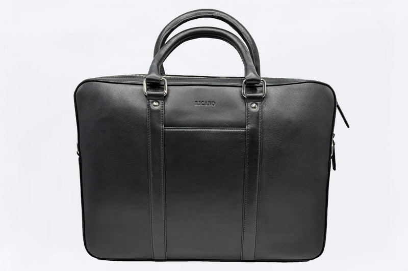 Schwarze, moderne Laptoptasche aus Rindleder mit Griffe und Trageriemen  