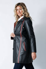 Damen Herbst Winter Lederswinger Lammnappa schwarz mit rot und  Kapuze