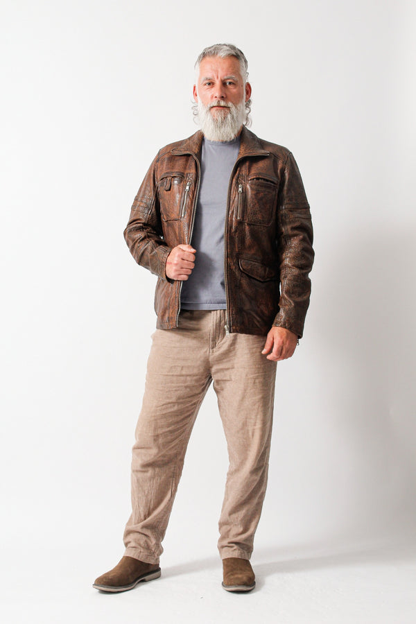 Halblange Herren Lederjacke aus Neuseeland Lammnappa antikbraun mit vielen Taschen