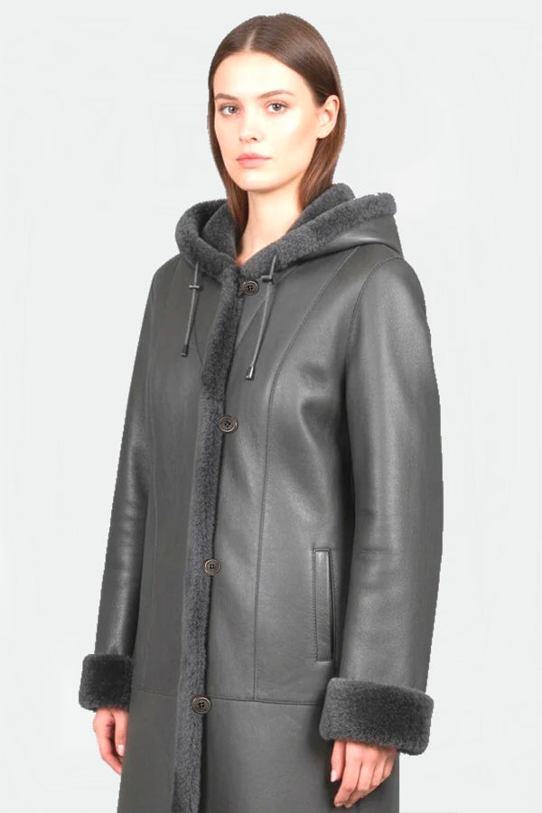 Lange Damen Lammfelljacke mit Kapuze