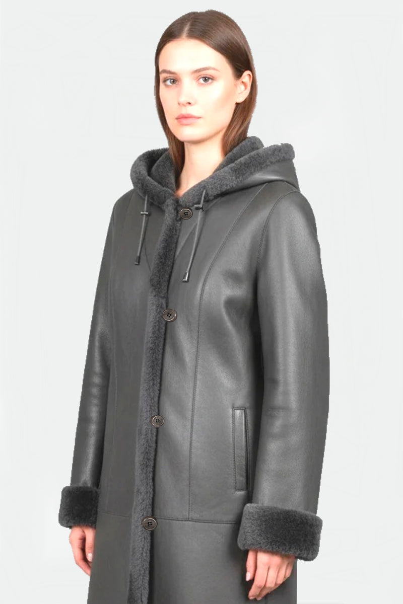 Lange Damen Lammfelljacke mit Kapuze