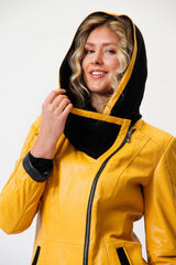 Damen kurz in Lammnappa mit Baumwollkapuze in gelb schwarz tailliert