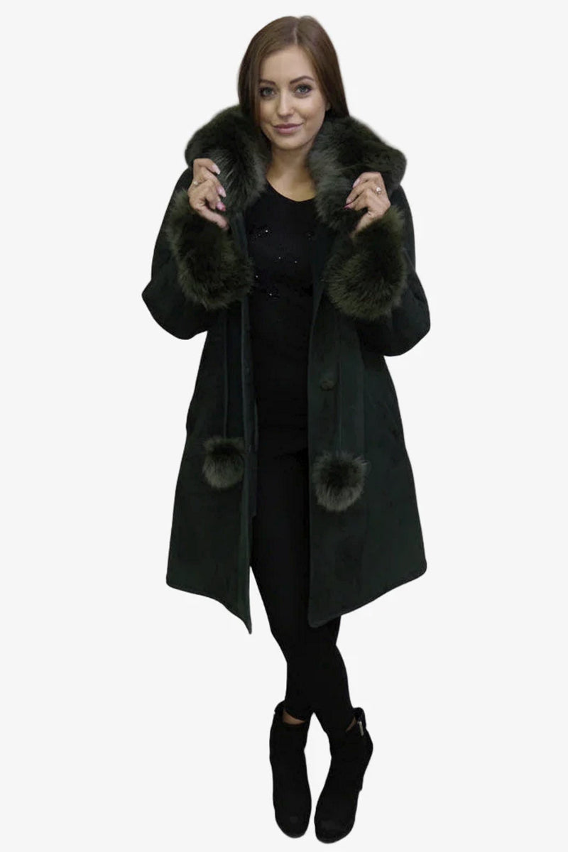 leichter lange Damen Lammfelljacke tannengrün