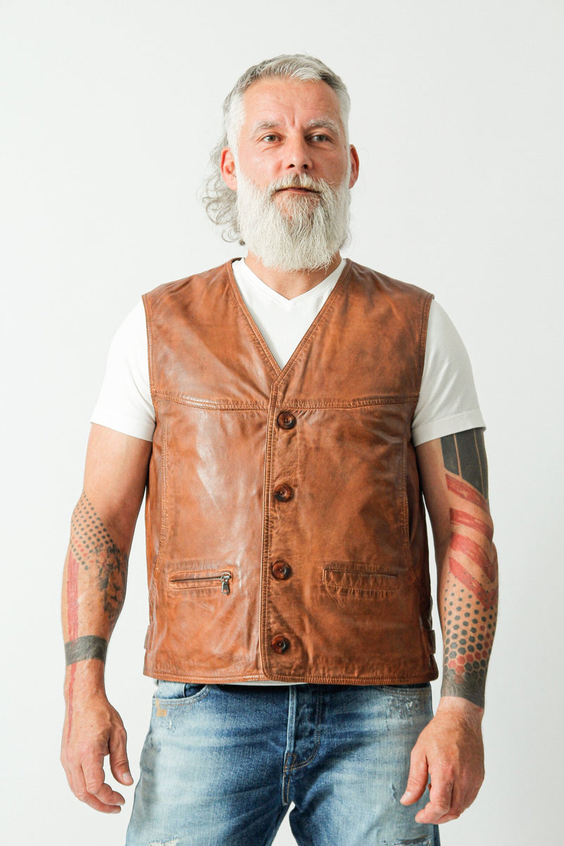 Sportliche leichte Herren Lederweste aus Lammnappa in cognac vintag Look