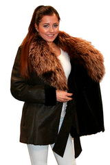 Lange Damen Lammfelljacke-Merino Lammfell braun Silberfuchskragen