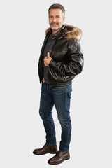 Herren wattierte Lederjacke mit Voll-Leder-Kapuze