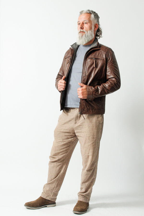 Kurze Herren Lederjacke Lammnappa gerader Schnitt in braun mit Doppelkragen