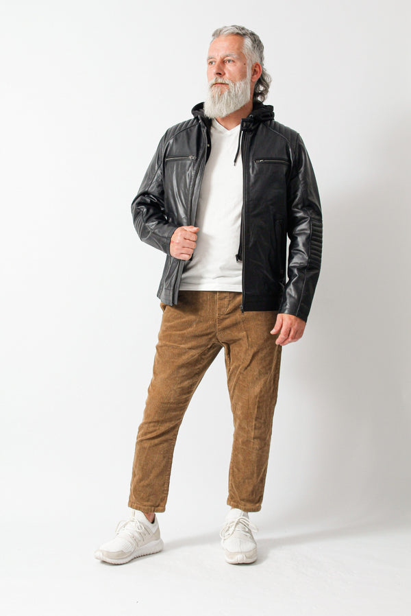 Herren Biker Lederjacke aus Kalsnappa robust in schwarz und hoodie