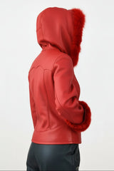 kurze rote gewachsene Damen-Lammfell-Schaffell-Jacke mit Kapuze & Reißverschluss