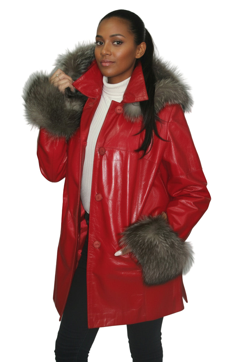 Lange Damen Lederjacke Rindnappa in rot mit Kapuze und Fellverbrämungen