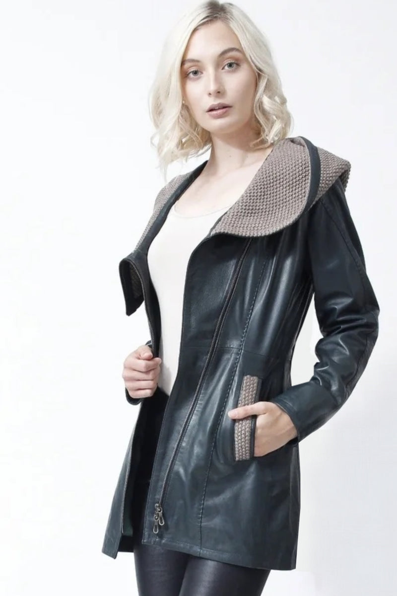Damen Lederjacke mit Stoffkapuze
