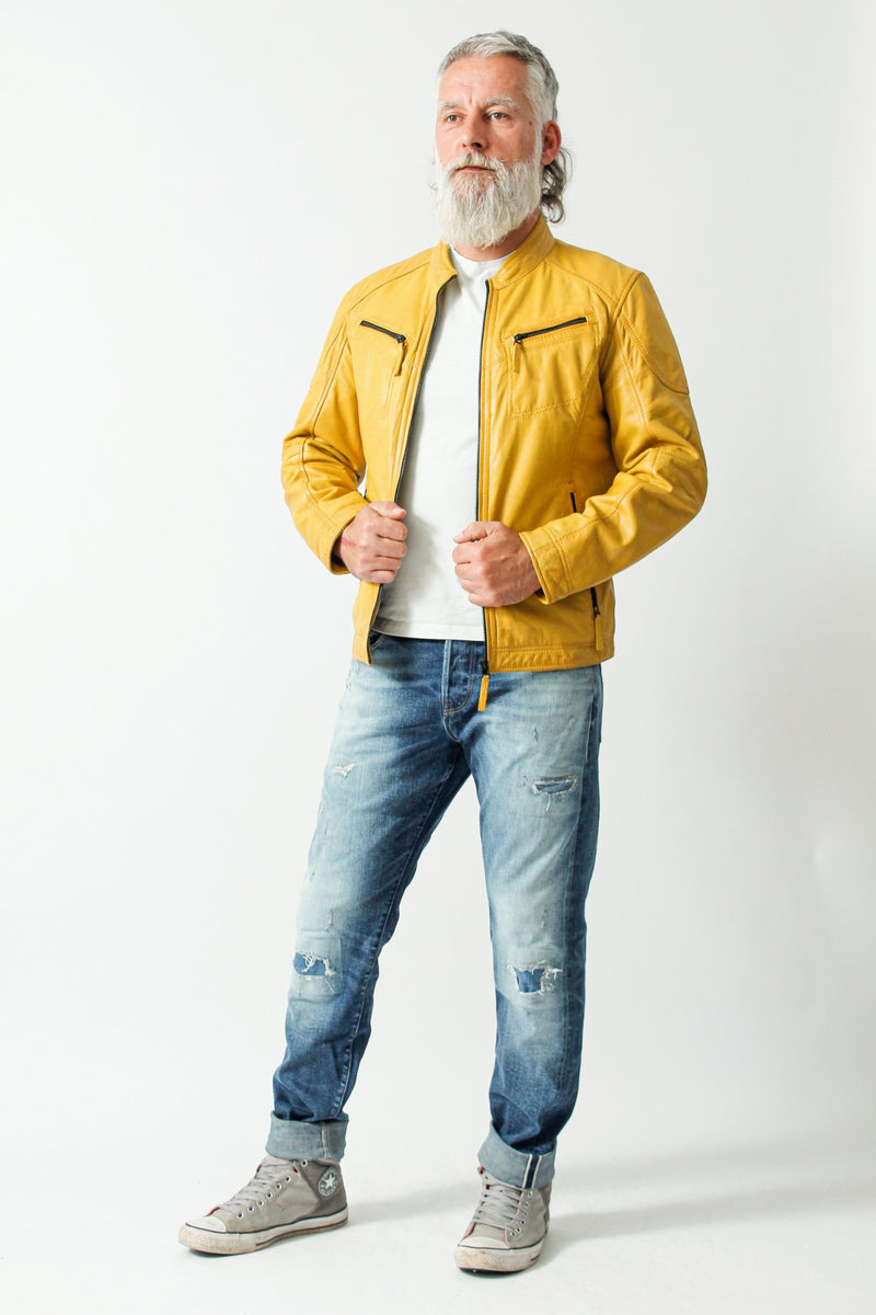 Kurze Herren Biker Style Übergangs Lederjacke Lammnappa in Yellow gelb