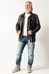 Sehr sportlicher Herrenparka Lammnappa vintage Look Blau mit einsetzbaren Doppelkragen