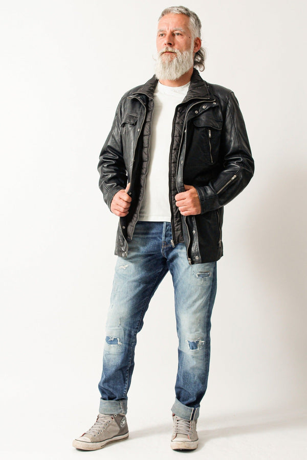 Sehr sportlicher Herrenparka Lammnappa vintage Look Blau mit einsetzbaren Doppelkragen